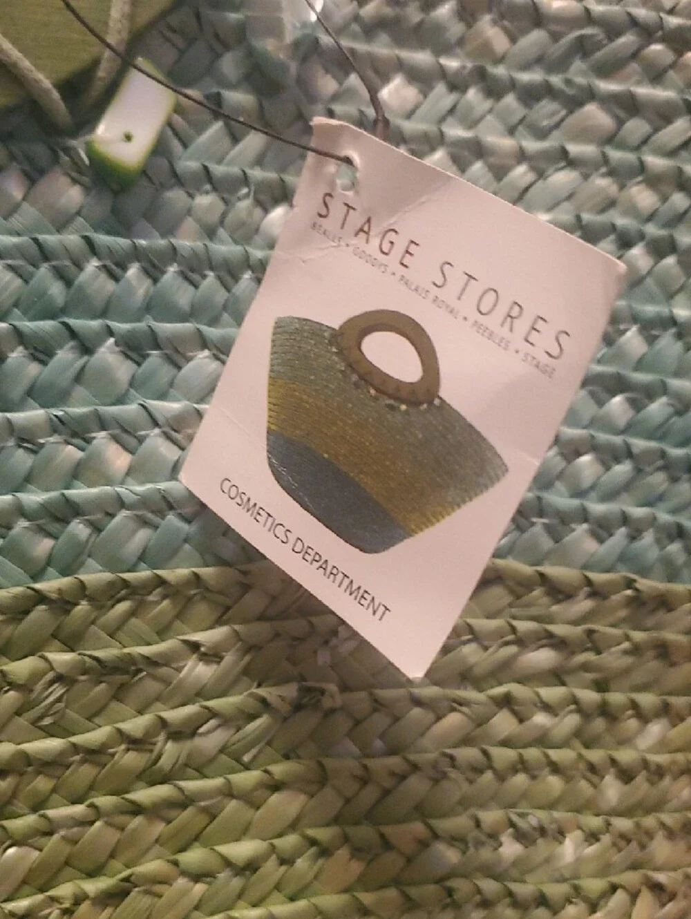 Striped Handwoven Straw Tote in Blue and Green with Wooden Handles - Picture 3 of 6